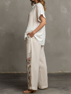 Floral Pattern Blouse And Linen Wide-Leg Pants Two-Piece
