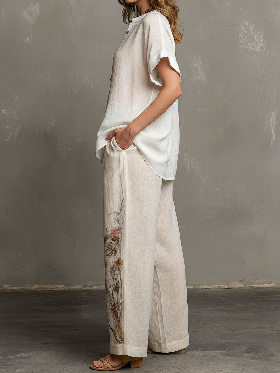 Floral Pattern Blouse And Linen Wide-Leg Pants Two-Piece