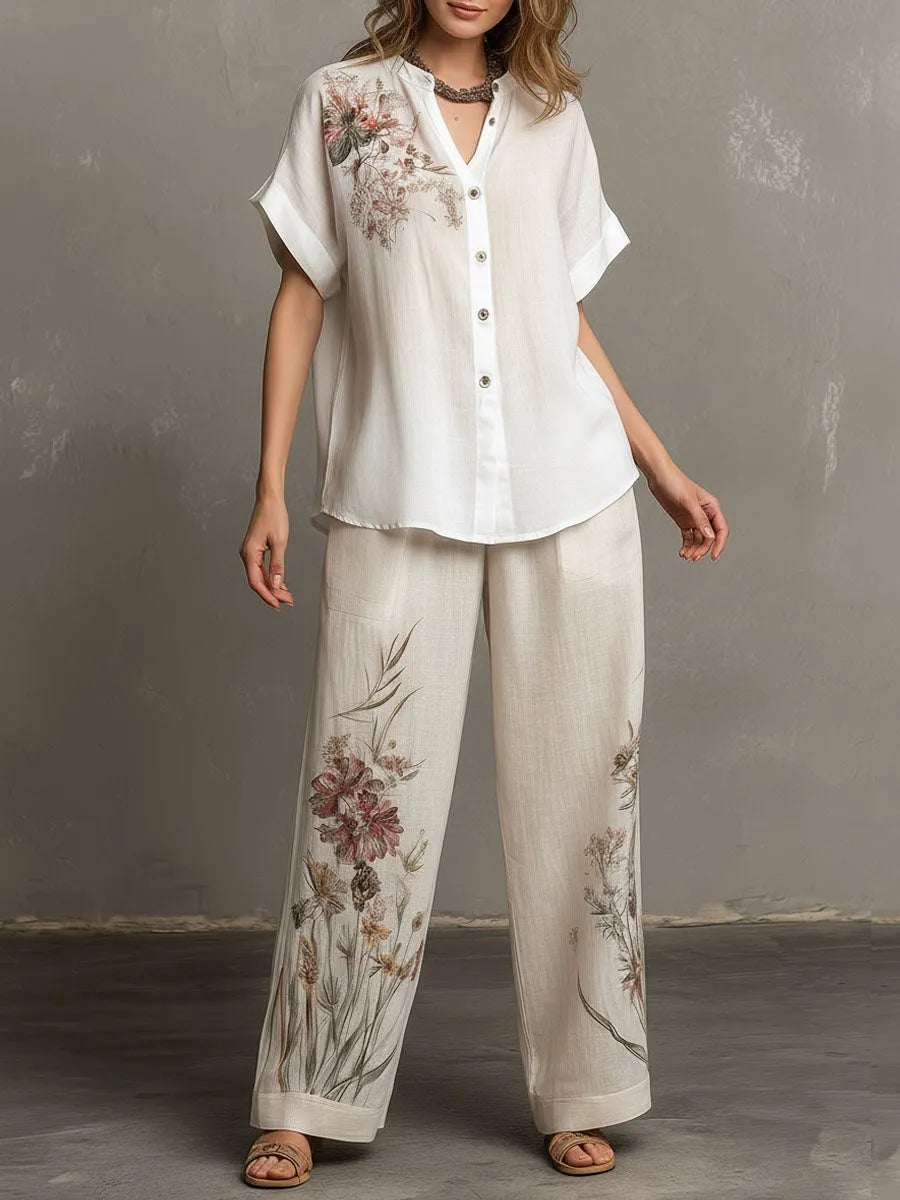 Floral Pattern Blouse And Linen Wide-Leg Pants Two-Piece