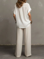 Floral Pattern Blouse And Linen Wide-Leg Pants Two-Piece