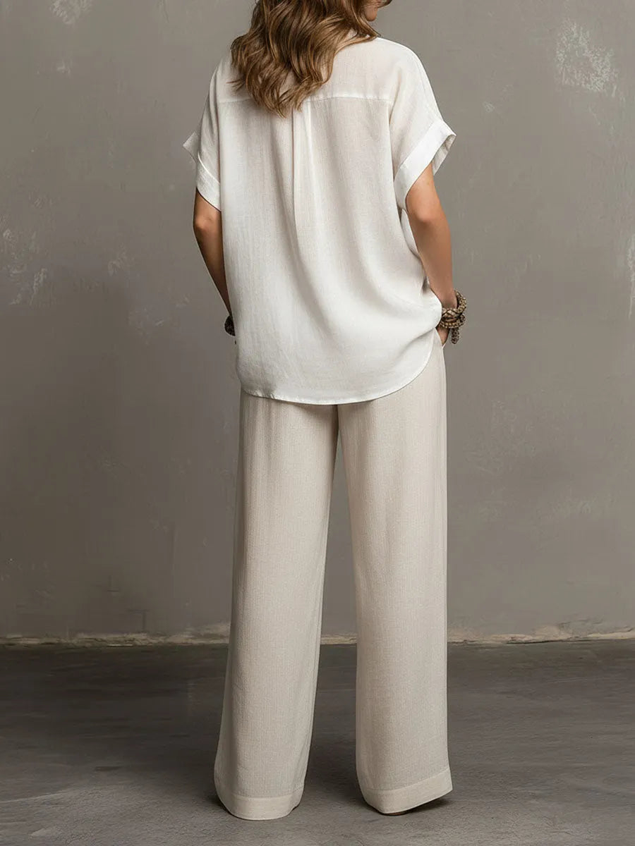 Floral Pattern Blouse And Linen Wide-Leg Pants Two-Piece