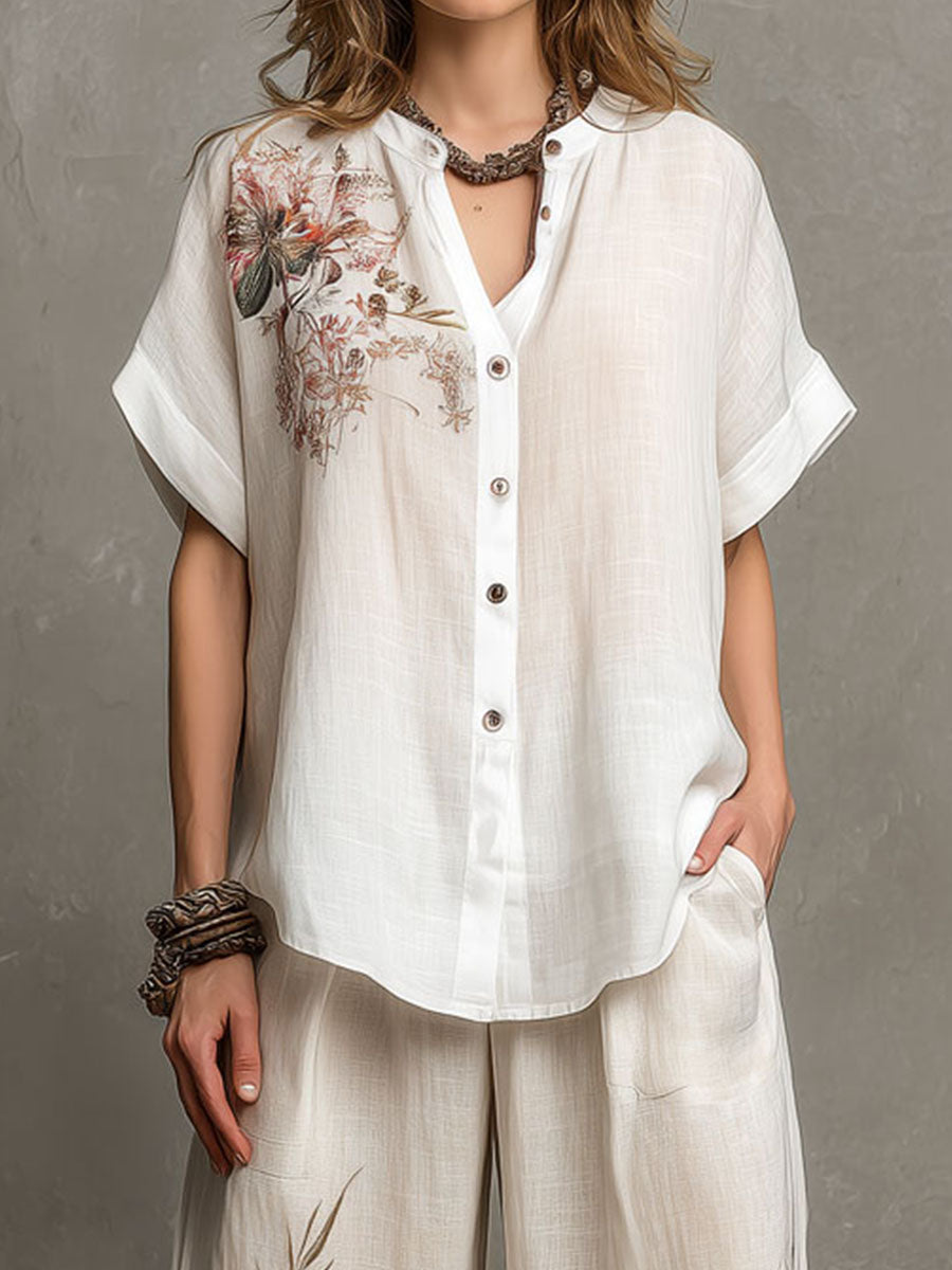Floral Pattern Blouse And Linen Wide-Leg Pants Two-Piece