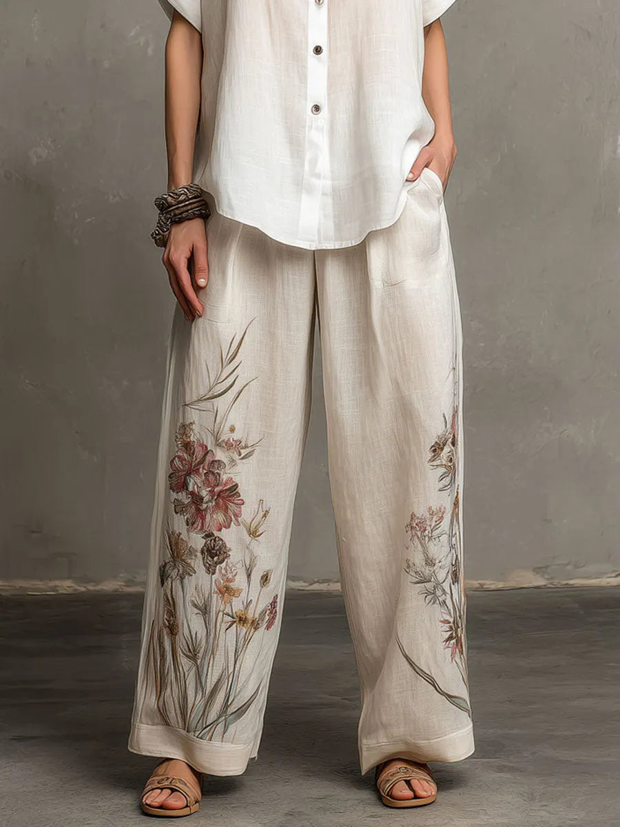 Floral Pattern Blouse And Linen Wide-Leg Pants Two-Piece