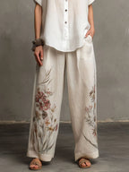 Floral Pattern Blouse And Linen Wide-Leg Pants Two-Piece