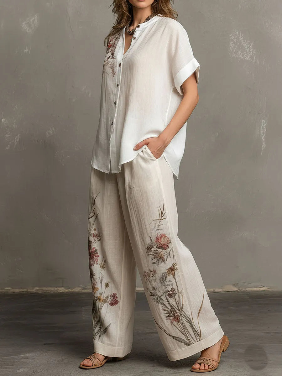 Floral Pattern Blouse And Linen Wide-Leg Pants Two-Piece