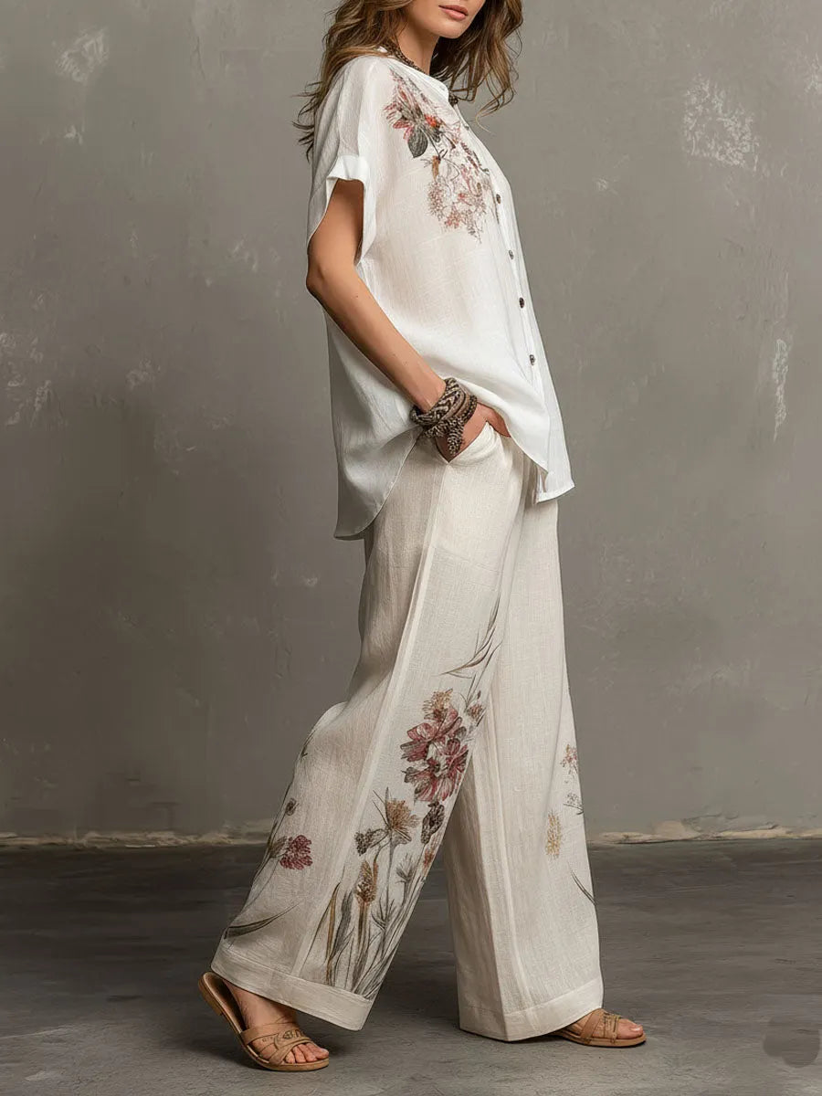 Floral Pattern Blouse And Linen Wide-Leg Pants Two-Piece