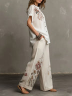 Floral Pattern Blouse And Linen Wide-Leg Pants Two-Piece
