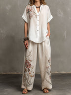 Floral Pattern Blouse And Linen Wide-Leg Pants Two-Piece