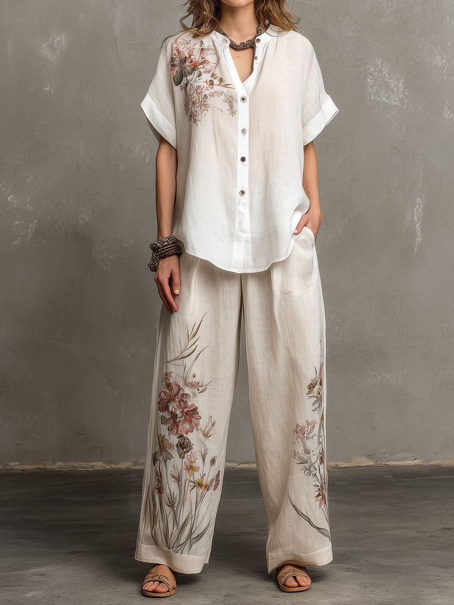 Floral Pattern Blouse And Linen Wide-Leg Pants Two-Piece