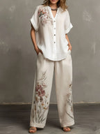 Floral Pattern Blouse And Linen Wide-Leg Pants Two-Piece